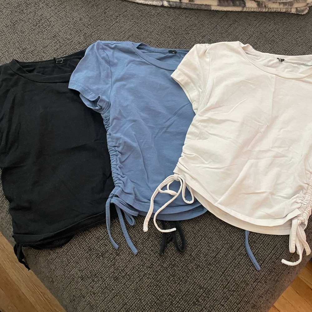 Set of Three Ruched T-Shirts - Black, Blue, and White